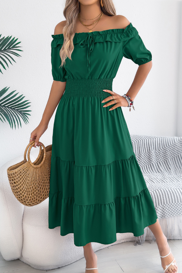 Stylish Off-shoulder Short-sleeved Pleated Waist Casual Midi Dress-consonak