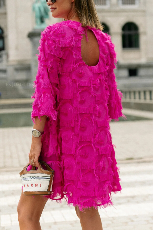 Solid Color Loose Round Neck Casual Tassel Mini Dress-consonak