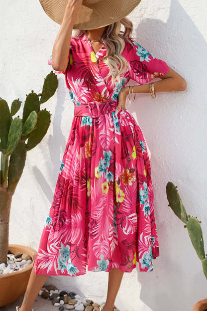 Paulette Contrast Floral Print Belted Pleated Midi Dress-consonak