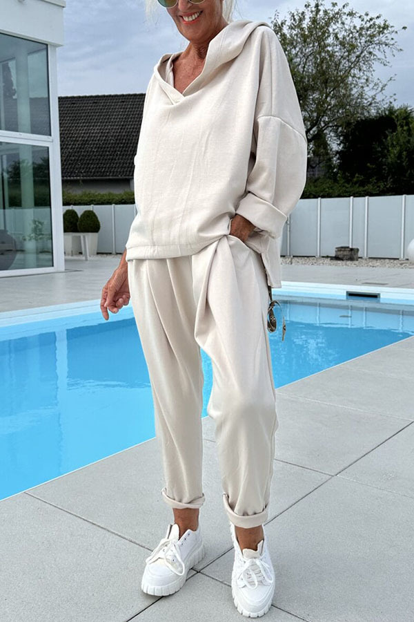 Solid Color Loose Hooded Sweatshirt and Elastic Waist Pocket Pants Set-consonak