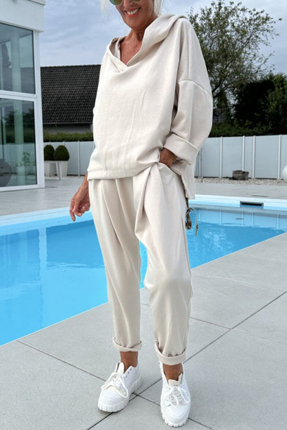 Solid Color Loose Hooded Sweatshirt and Elastic Waist Pocket Pants Set-consonak