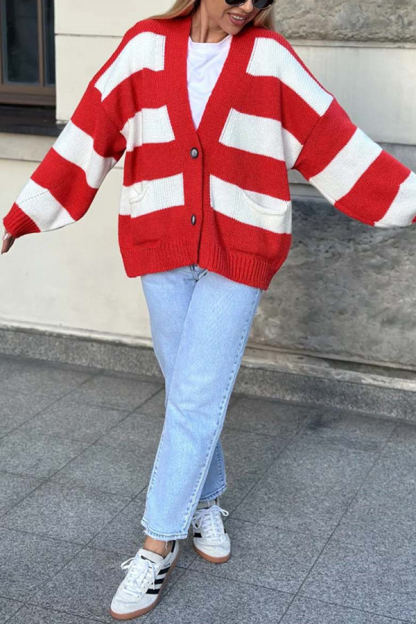 Casual V-neck Long-sleeved Striped Pocket Knitted Cardigan-consonak