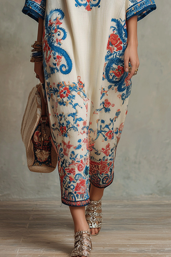 Unique Print Loose V-Neck Casual Slit Maxi Dress