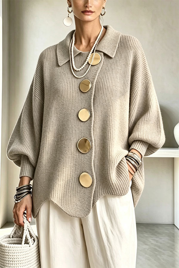 Shelia Knit Oversized Metal Buckle Balloon Sleeve Lapel Cardigan-Consonak