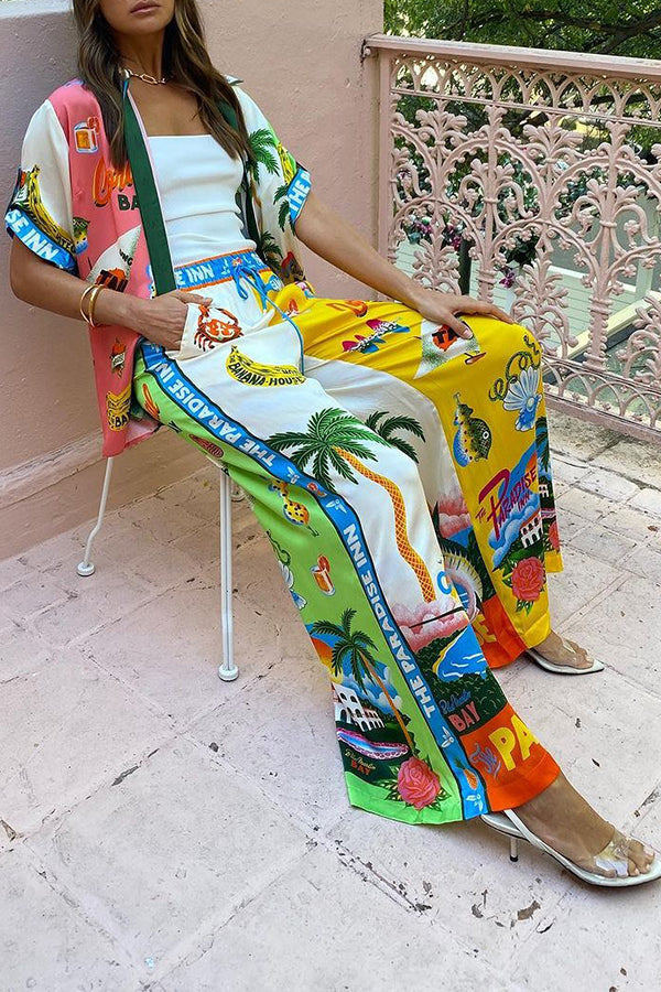 Kissed By The Sun Satin Unique Print Colorblock Elastic Waist Pocketed Wide Leg Pants | Consonak