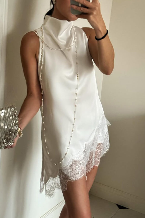 Solid Color Satin Spliced lace Sleeveless Irregular Casual Top
