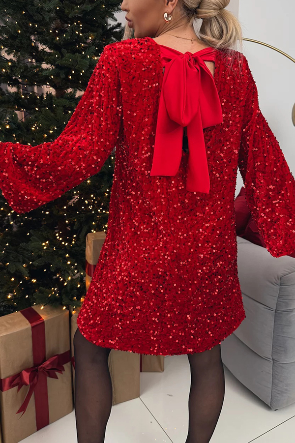 Velvet Sequin Back Bow Bell Sleeves Loose Mini Dress | Consonak