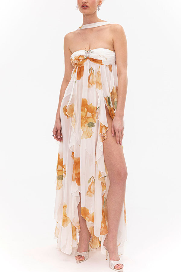 Romance and Freedom Floral Print Ruffles Halter Backless Slit Maxi Dress-consonak