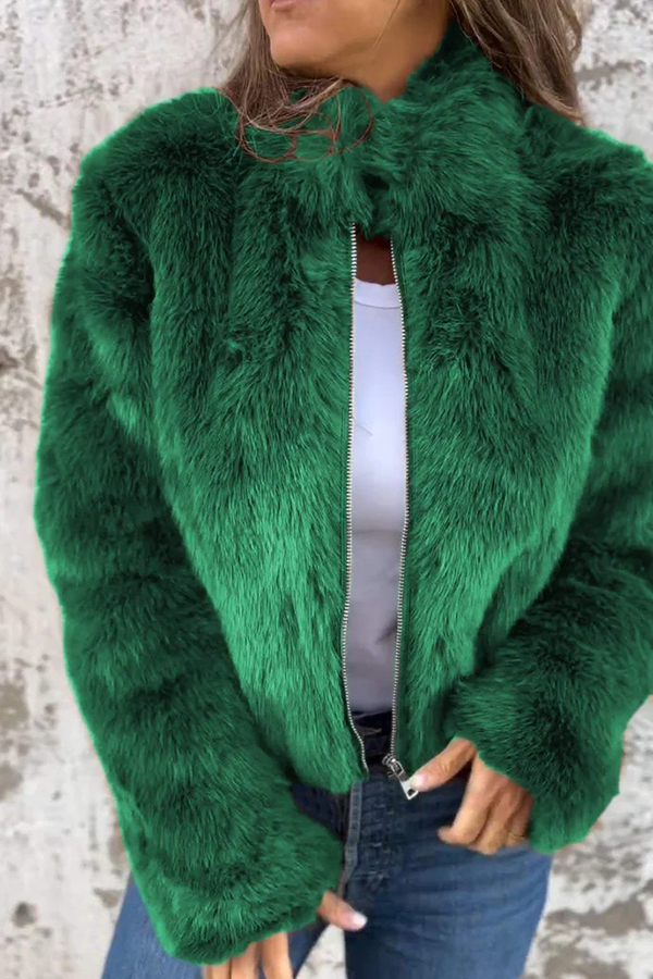 Stylish Faux Fur Turtleneck Zipper Casual Jacket | Consonak