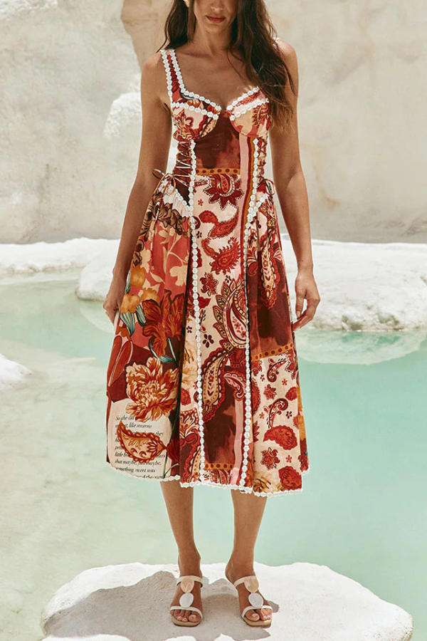 Unique Printed Floral Trim Suspender Side Tie Vacation Midi Dress