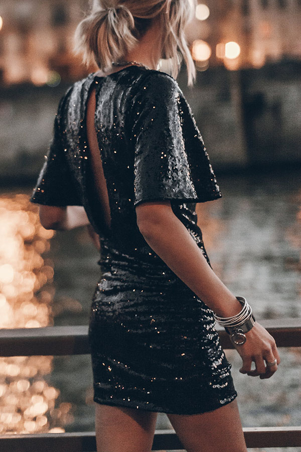 Countdown Celebration Sequin Short Bell Sleeve Open Back Ruched Mini Dress-consonak