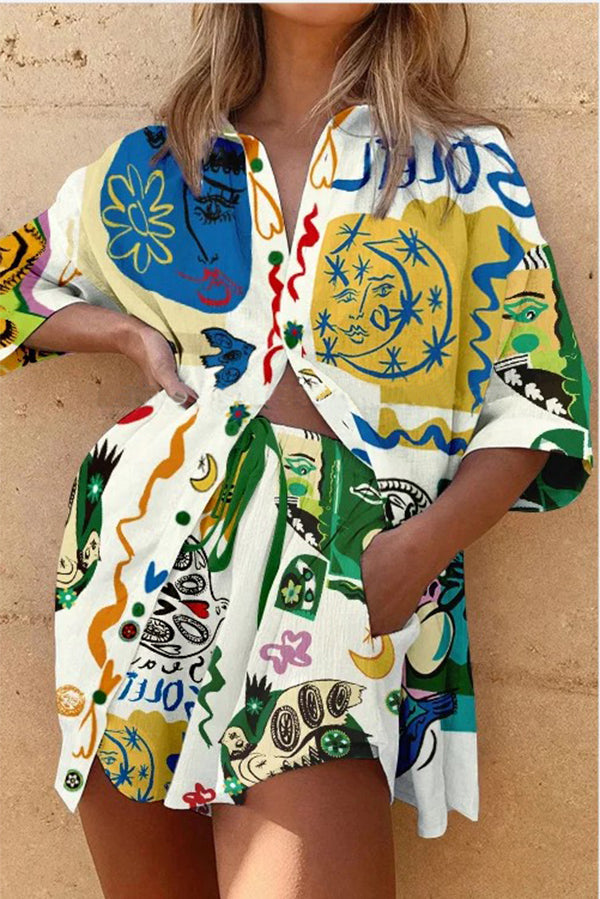 Hillary Linen Blend Unique Print Oversized Blouse and Elastic Waist Pocketed Shorts Set-consonak