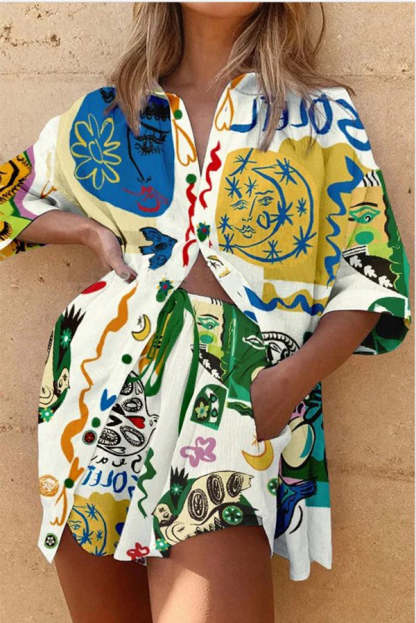 Hillary Linen Blend Unique Print Oversized Blouse and Elastic Waist Pocketed Shorts Set-consonak