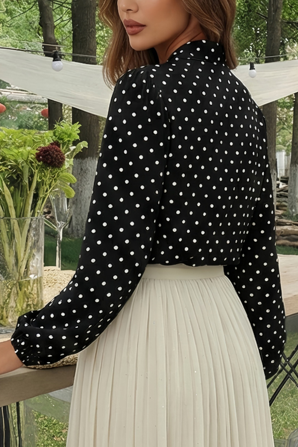 Polka Dot Print Tie-up Long-sleeved Loose Casual Shirt-consonak