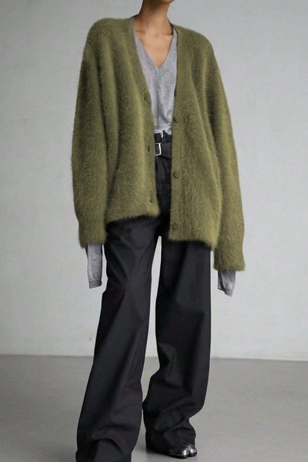 Solid Color Loose V-neck Long-sleeved Lazy Knitted Cardigan-consonak