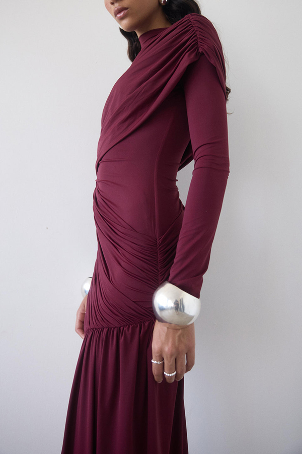 Solid Color Long-sleeved Pleated Slim-fit Elegant Ribbon Mini Dress-consonak