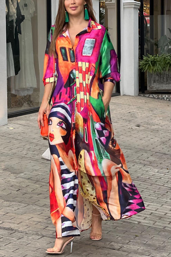Prettiest Smile Cartoon Face Print Pocketed Shirt Maxi Dress-consonak