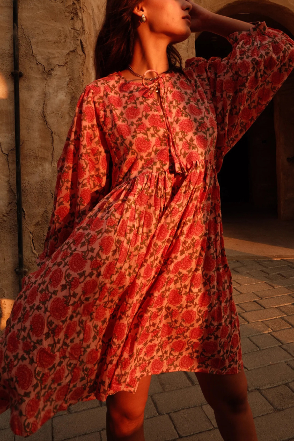 Floral Print Loose Round Neck Tie-up Casual Vacation Mini Dress