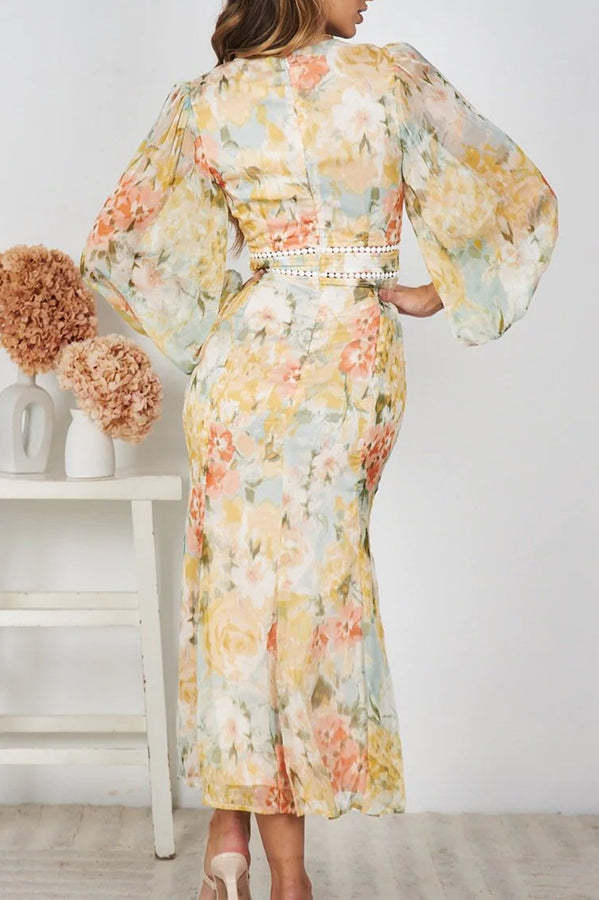 Pamelia Floral Print Irregular Pleated Tuxedo Skirt Pearl Maxi Dress-consonak