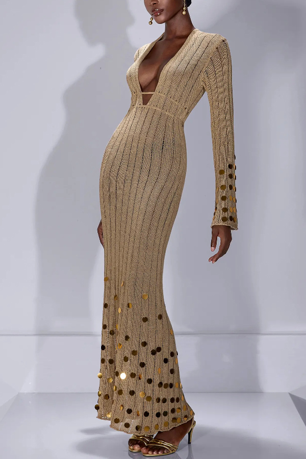Stylish V-neck Flared Long-sleeved Knit Sequined Maxi Dress-consonak