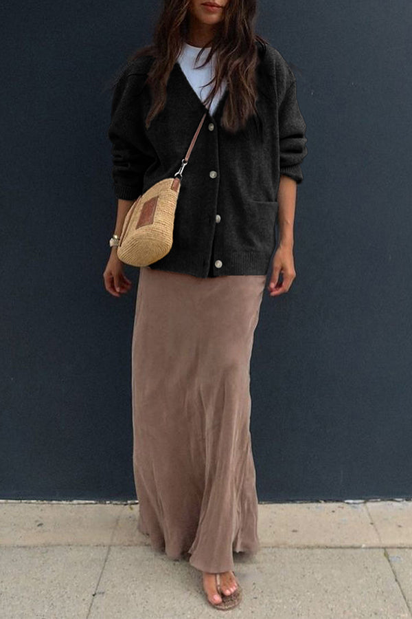 Solid Color V-Neck Button Casual Pocket Knit Cardigan-consonak