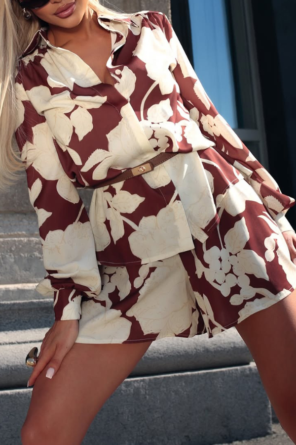 Botanical Print Collared Long-sleeved Loose-fitting Shirt and Elastic Waist Casual Shorts Set-Consonak