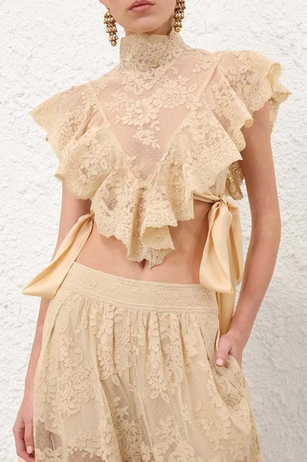 Salenia Lace Appliqué High Neck Side Tie-up Ruffle Cropped Top-consonak