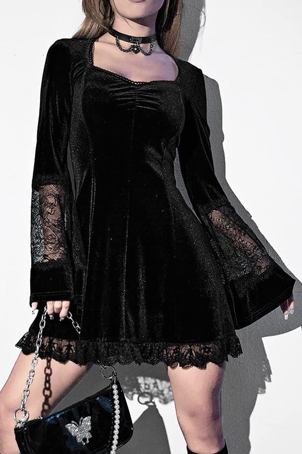 Solid Color Velvet and Lace Spliced long-sleeved Elegant Mini Dress-consonak