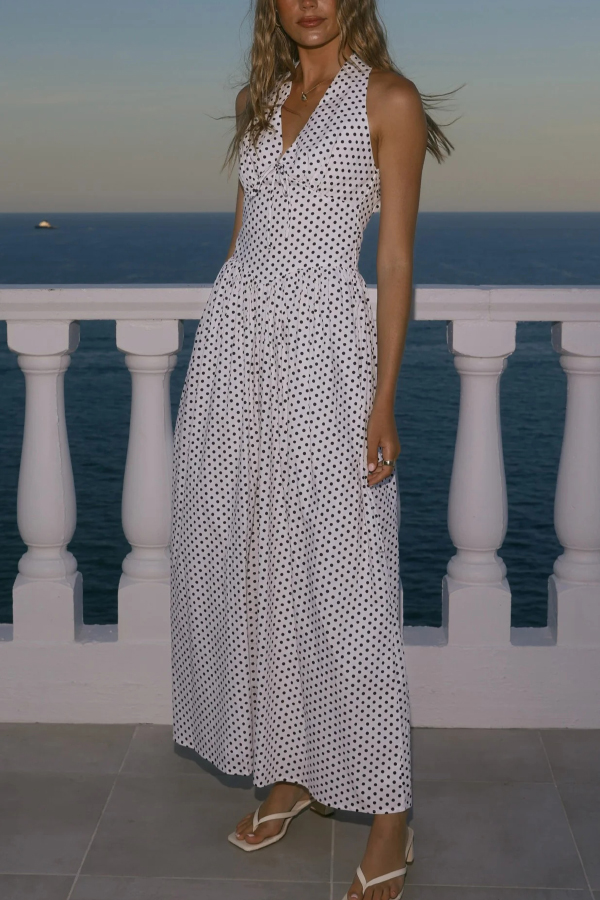Polka Dot Print Halter Neck Fitted Waist Holiday Maxi Dress-consonak