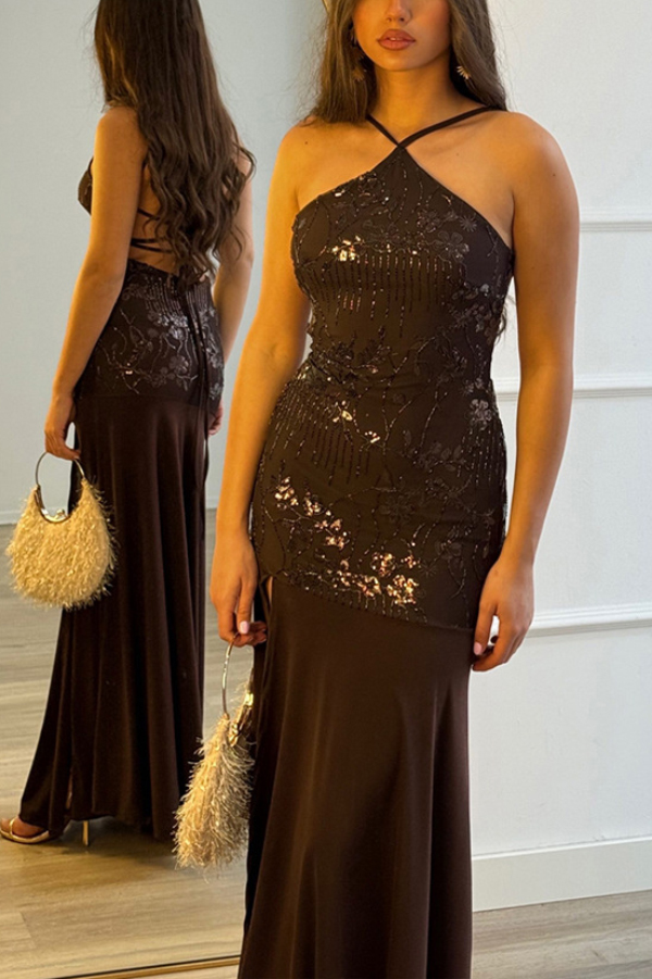 Fashionable Sequined Halter Neck Elegant Slim-fit Slit Maxi Dress-consonak