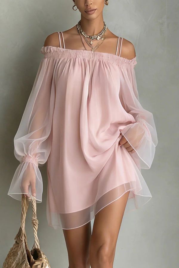 Sheer Long-sleeved Loose-fitting Off-shoulder Dress-Consonak