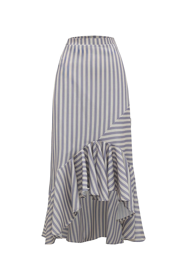 Tierra Striped V-neck Batwing Sleeve Loose Shirt and High Waist Irregular Fishtail Hem Midi Skirt Set-consonak