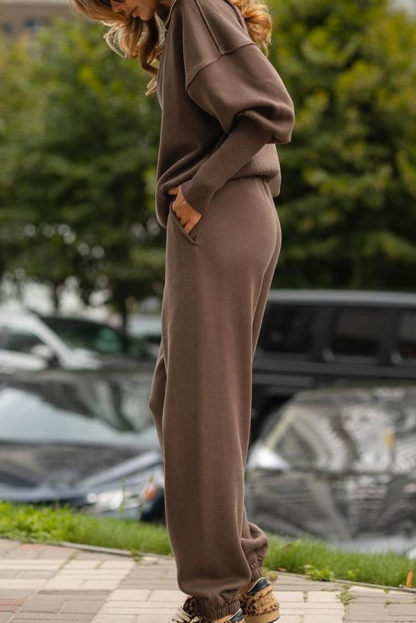 Solid Color Long-sleeved Zip-up Sweatshirt and Elastic Waist Loose Pocket Pants Set-consonak