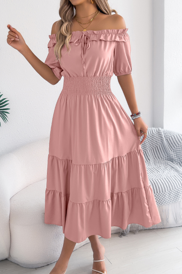 Stylish Off-shoulder Short-sleeved Pleated Waist Casual Midi Dress-consonak