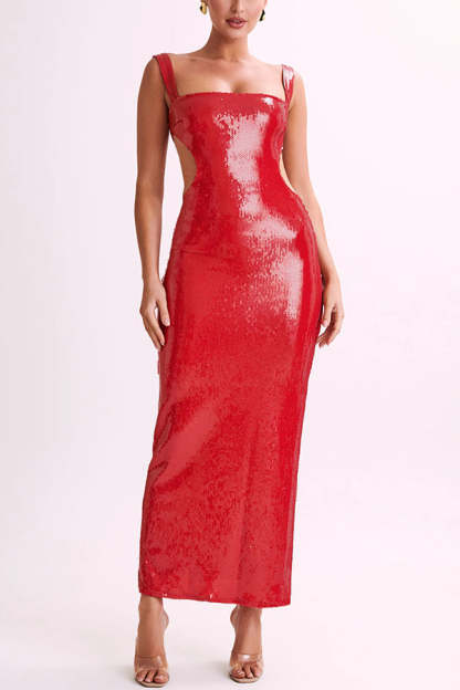 Eye Catching Sequin Cutout Waist Wide Strap Bacakless Maxi Dress-consonak