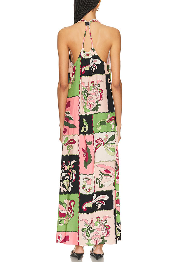 Vacation Night Unique Color-block Print U-shaped Shoulder Strap Maxi Dress