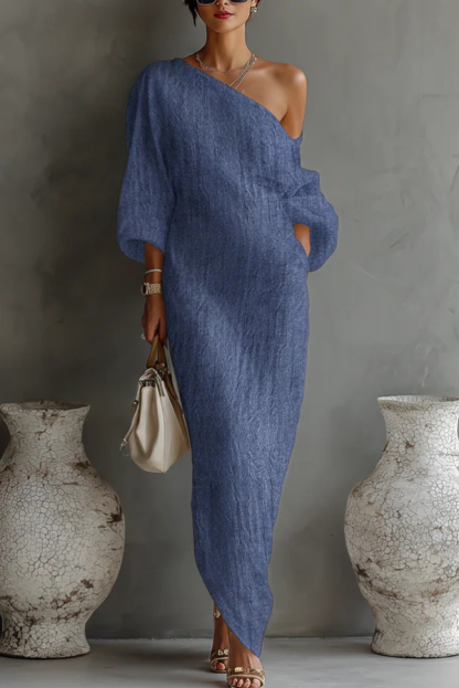 Linen Blend Loose-fitting Slanted Neck Lantern Sleeve Casual Maxi Dress