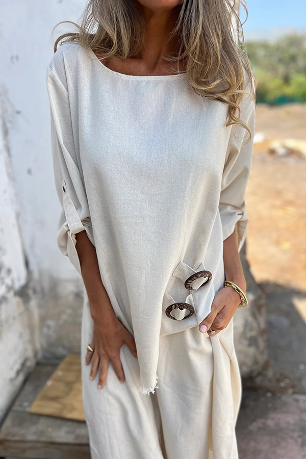 Jamilah Linen Blend Ring Detail Midi Blouse  and Elastic Waist Pocketed Loose Pants Set | Consonak