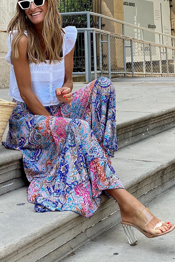 Audrina Bohemian Print Elastic Waist Tassel Maxi Skirt | Consonak