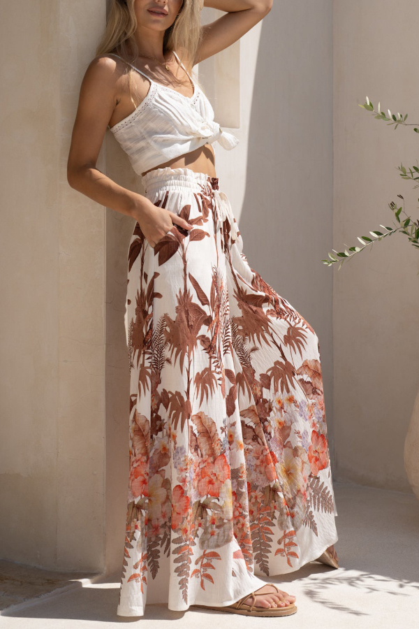 Leaf Print Casual Elastic Waist Pocket Loose Wide-leg Pants-consonak