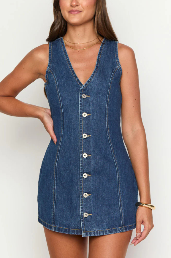 Stylish Sleeveless V-neck Buttons Tie-up Denim Mini Dress | Consonak