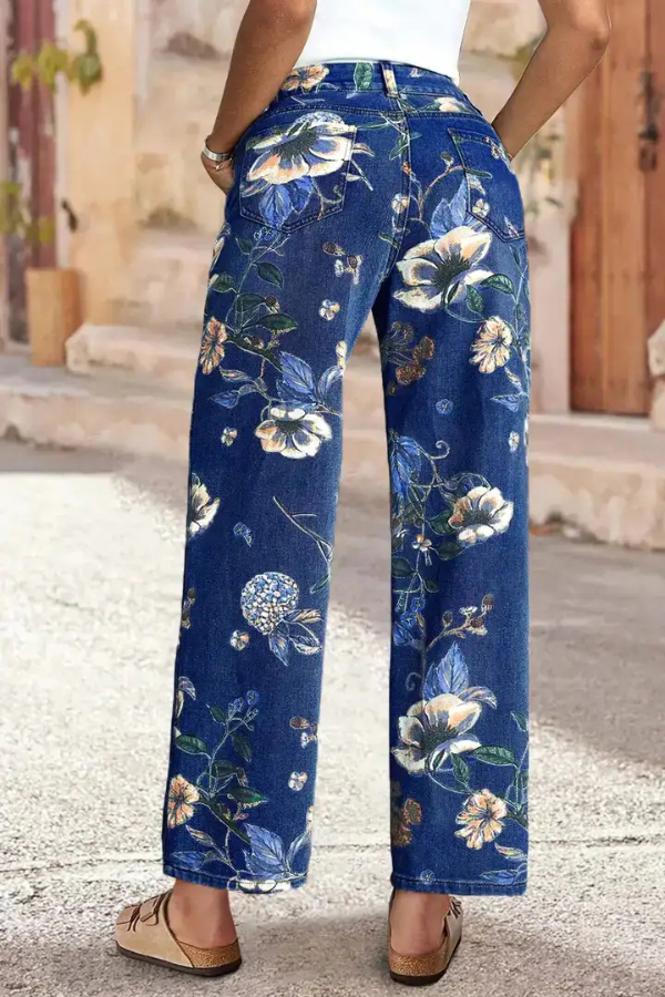 Floral Print Loose Pocket High-waisted Wide-leg Jeans