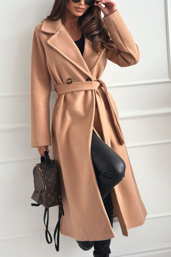 Solid Color Lapel Long Sleeve Waist Tie Long Coat-consonak