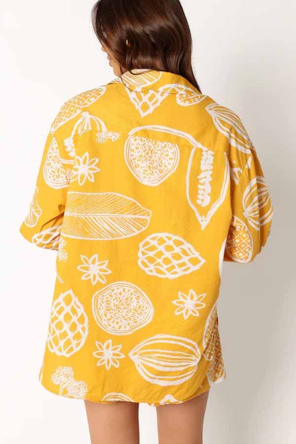 Parkside Pretty Tropical Fruit Print Loose Shirt and Elastic Waist Pocketed Shorts Set-consonak