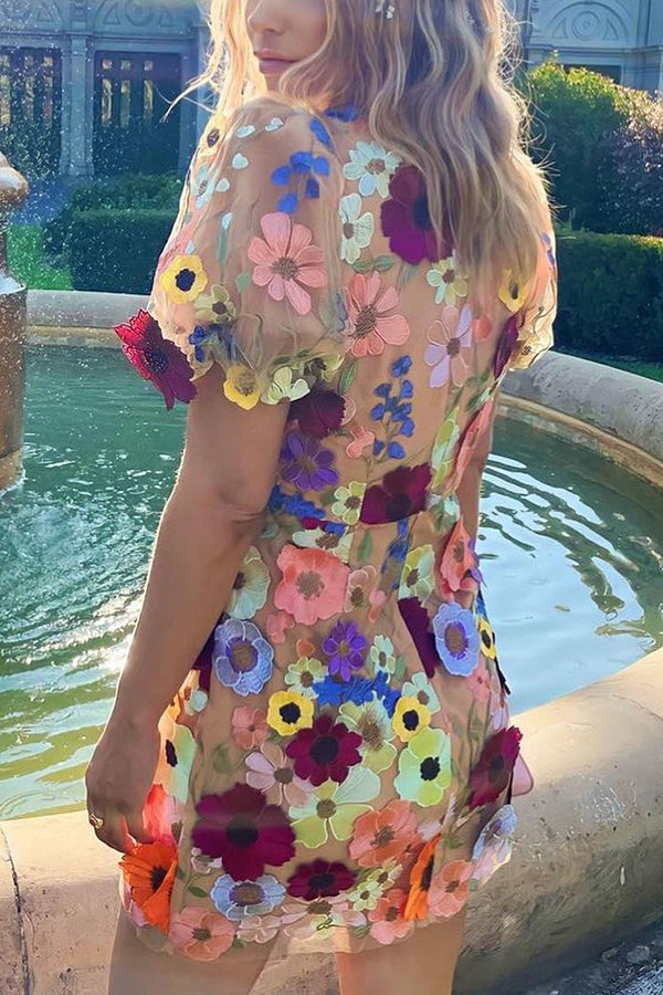 Garden Gala Embroidered Floral Applique Puff Sleeve Mini Dress-consonak