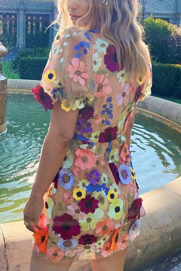 Garden Gala Embroidered Floral Applique Puff Sleeve Mini Dress-consonak