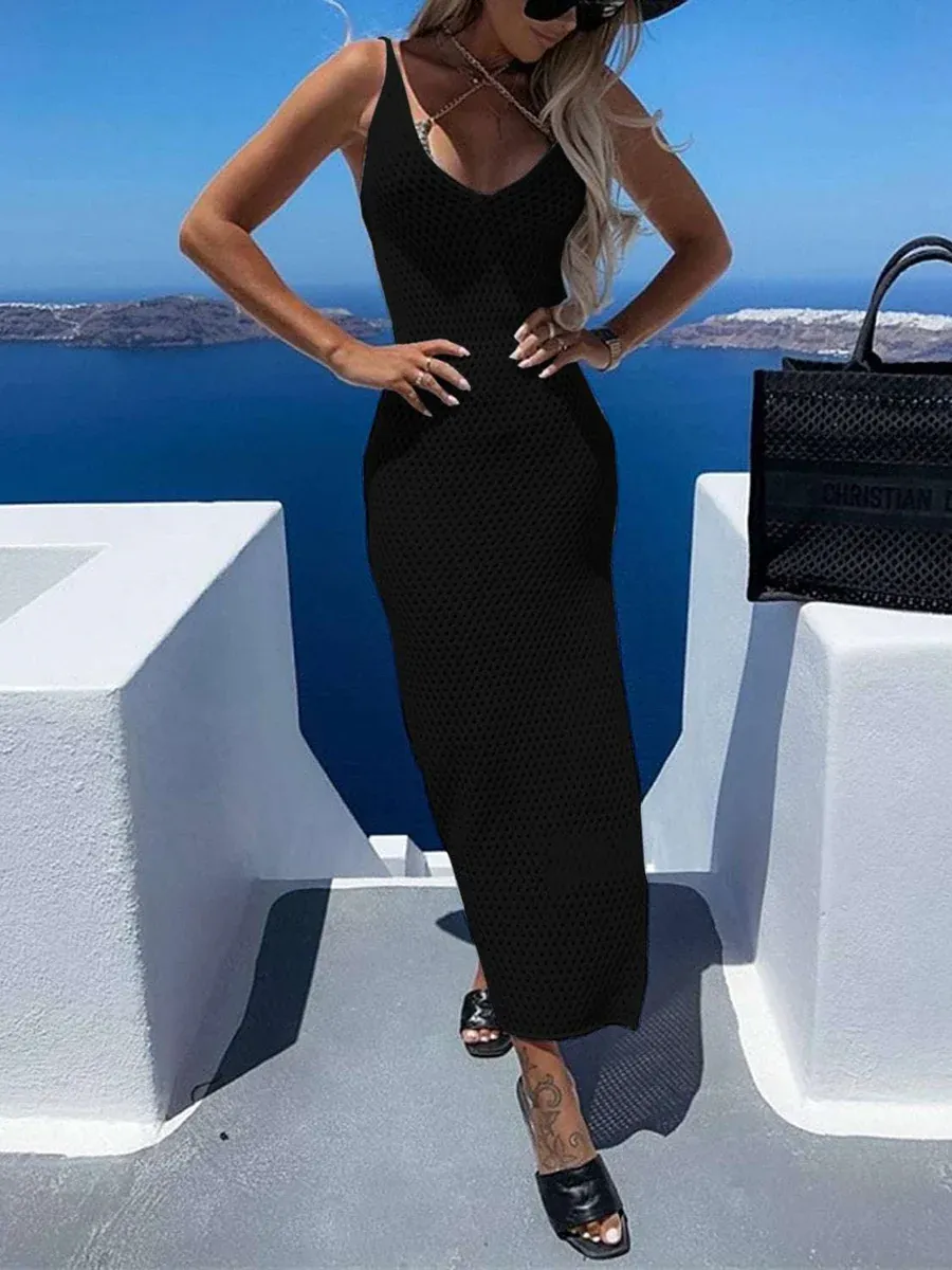 Free Spirited Hollow Out Knit Slit Cover-up Dress-consonak