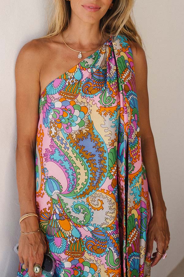Rainbow Breeze Satin Unique Print Bow One Shoulder Loose Maxi Dress | Consonak