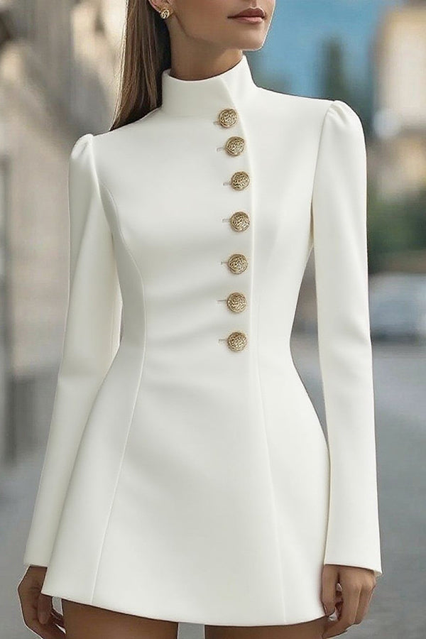 Fashionable Stand Collar Single-Breasted Slim Fit Formal Mini Dress-consonak