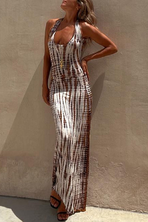 Summer Adventures Tie-dye Print Back Lace-up Stretch Maxi Dress-consonak
